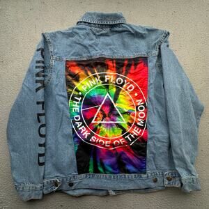 Pink Floyd Denim Jean Trucker Jacket Mens Large Graphic Blue Button Pockets